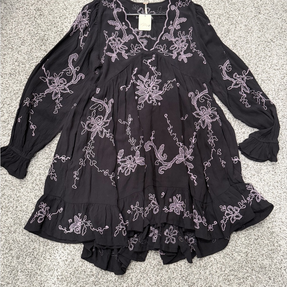 Free People Black Dress with Purple Embroidery